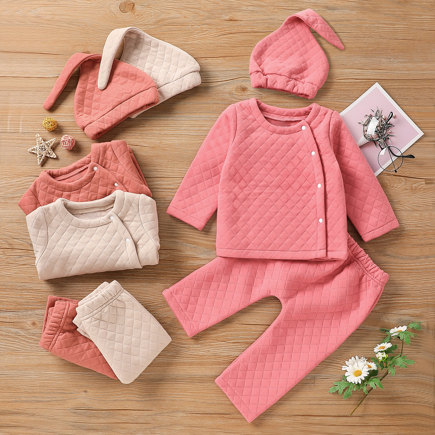 

3-piece Baby Girl Button Design Solid Color Textured Long-sleeve Top, Elasticized Pants and Cap Set