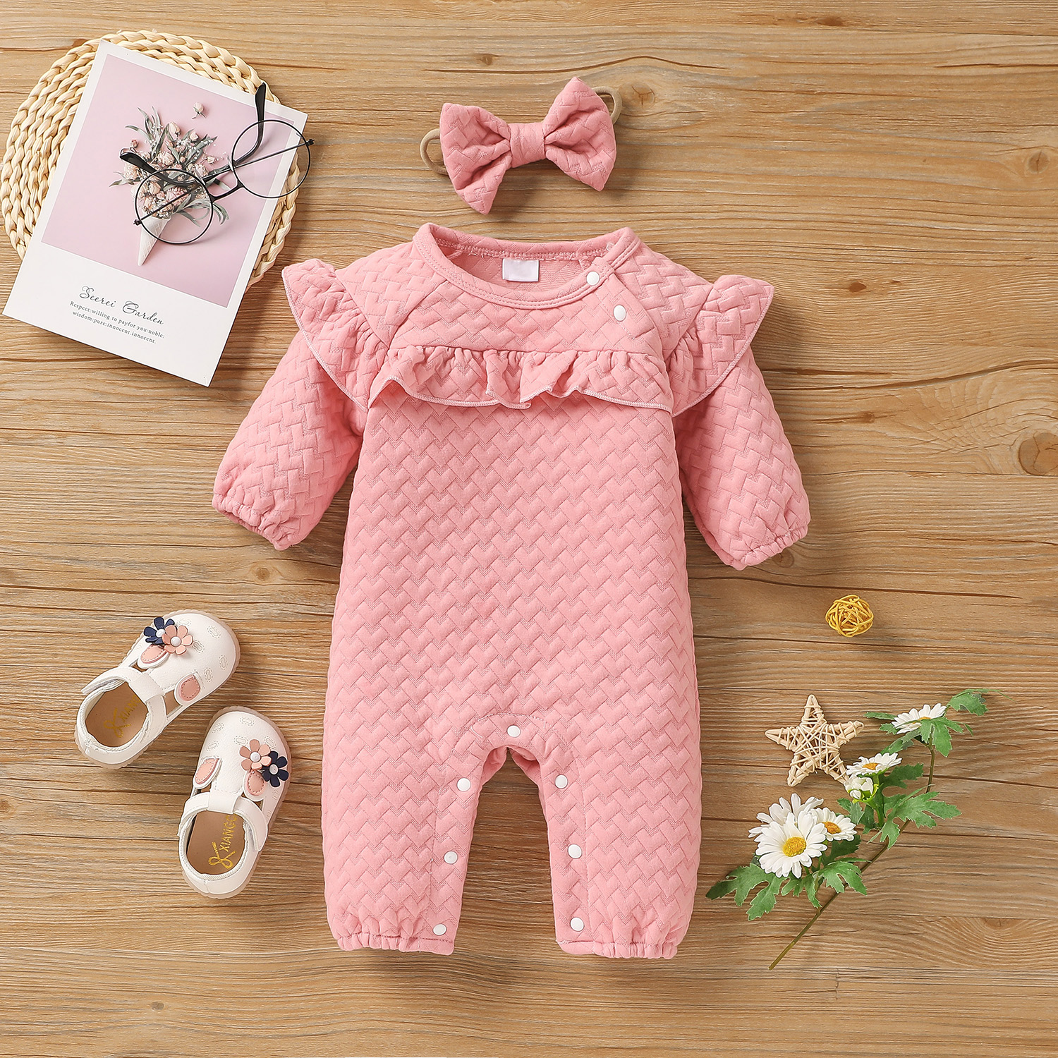 

2pcs Baby Girl Pink Long-sleeve Ruffle Thickened Jumpsuit Set