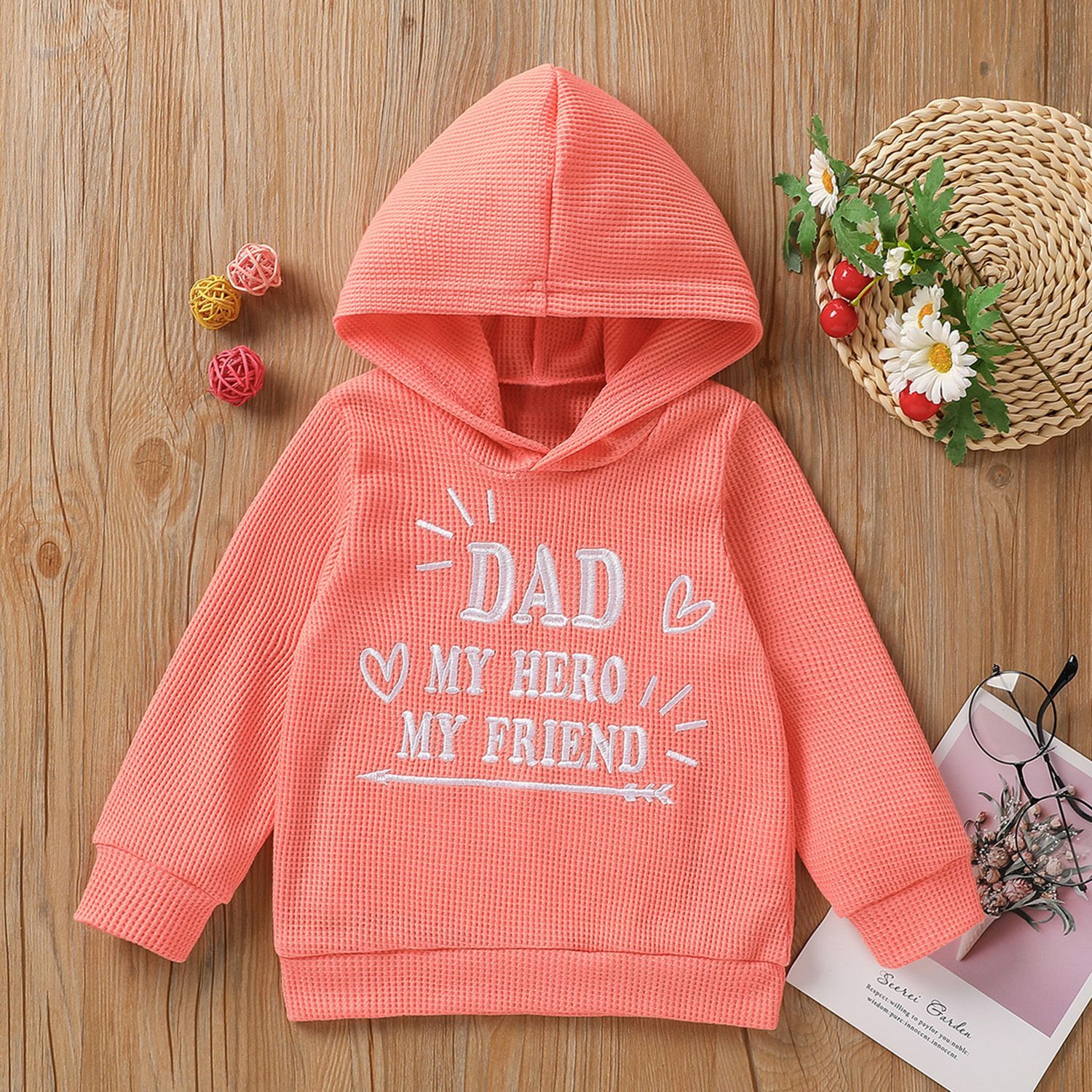 

Toddler Girl Letter Embroidered Waffle Pink Hoodie Sweatshirt