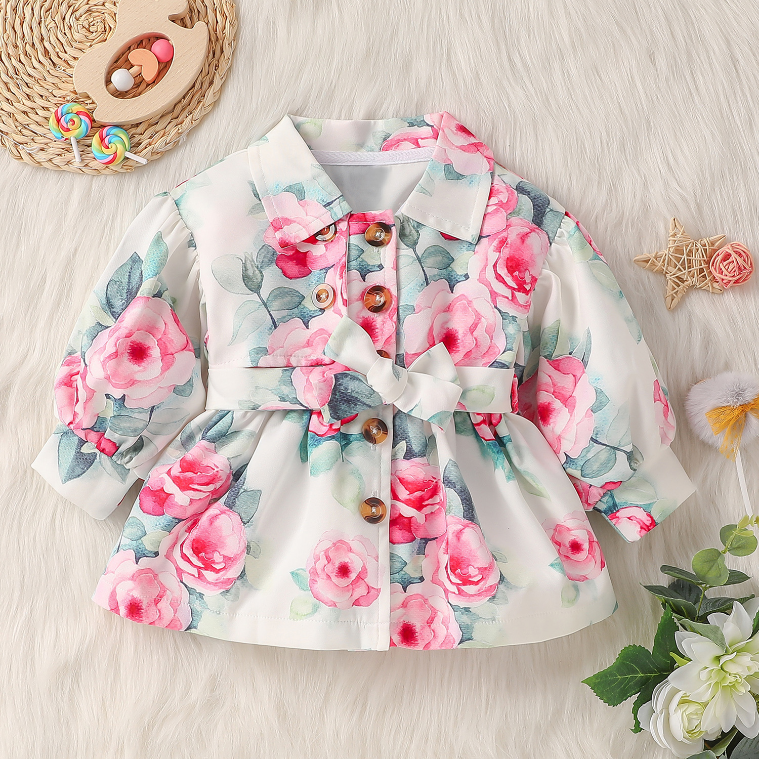

Baby Girl All Over Rose Floral Print Lapel Long-sleeve Double Breasted Trench Coat