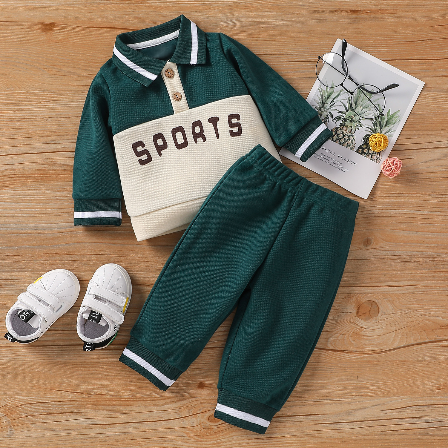 

2pcs Baby Boy Letter Print Dark Green Long-sleeve Sportswear Set