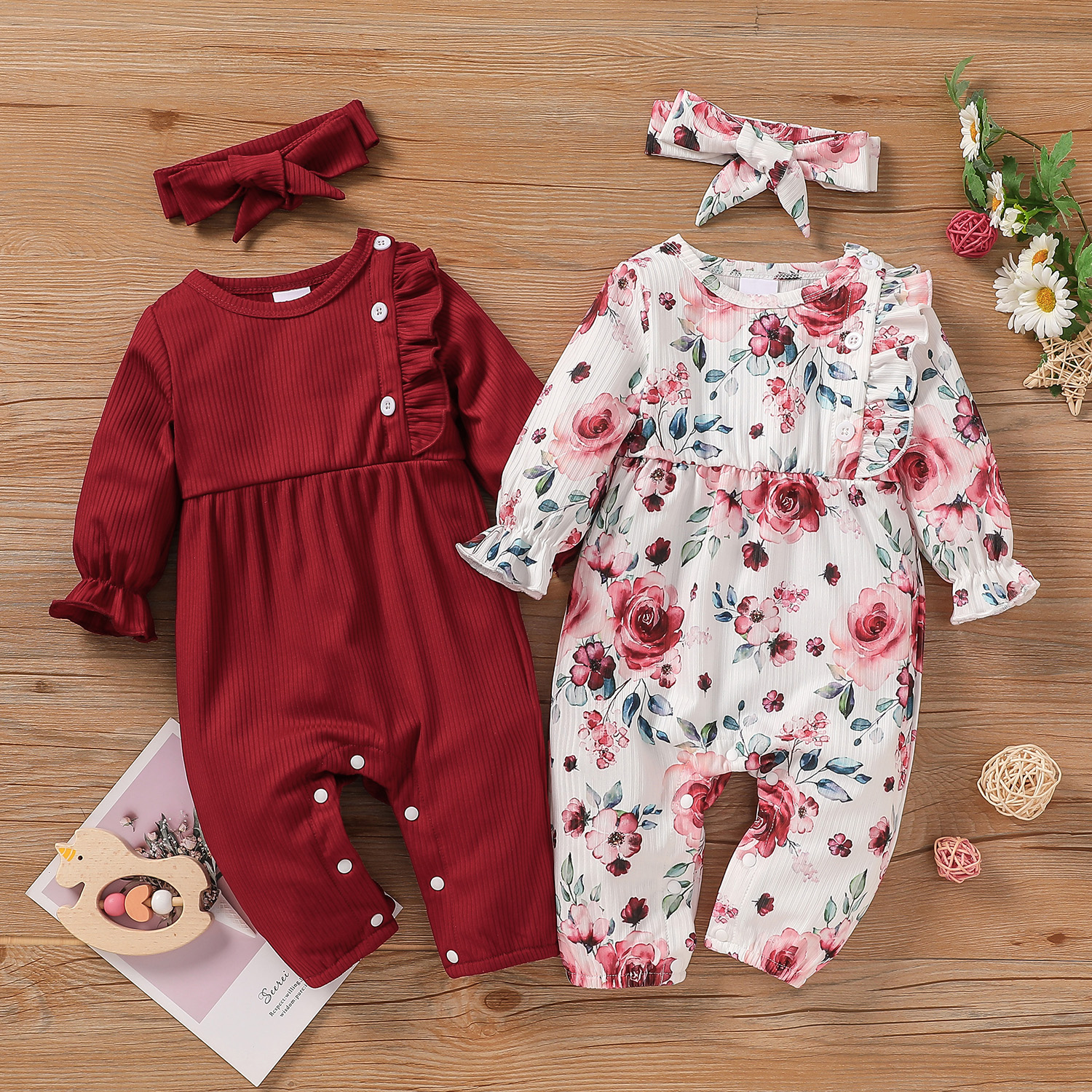 

2pcs Baby Girl Solid/Floral Print Ribbed Long-sleeve Ruffle Jumpsuit Set