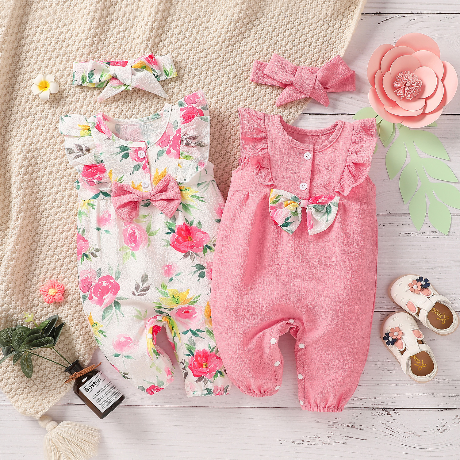 

2pcs Baby Girl Floral Print/Solid Sleeveless Ruffle Bowknot Jumpsuit with Headband Set
