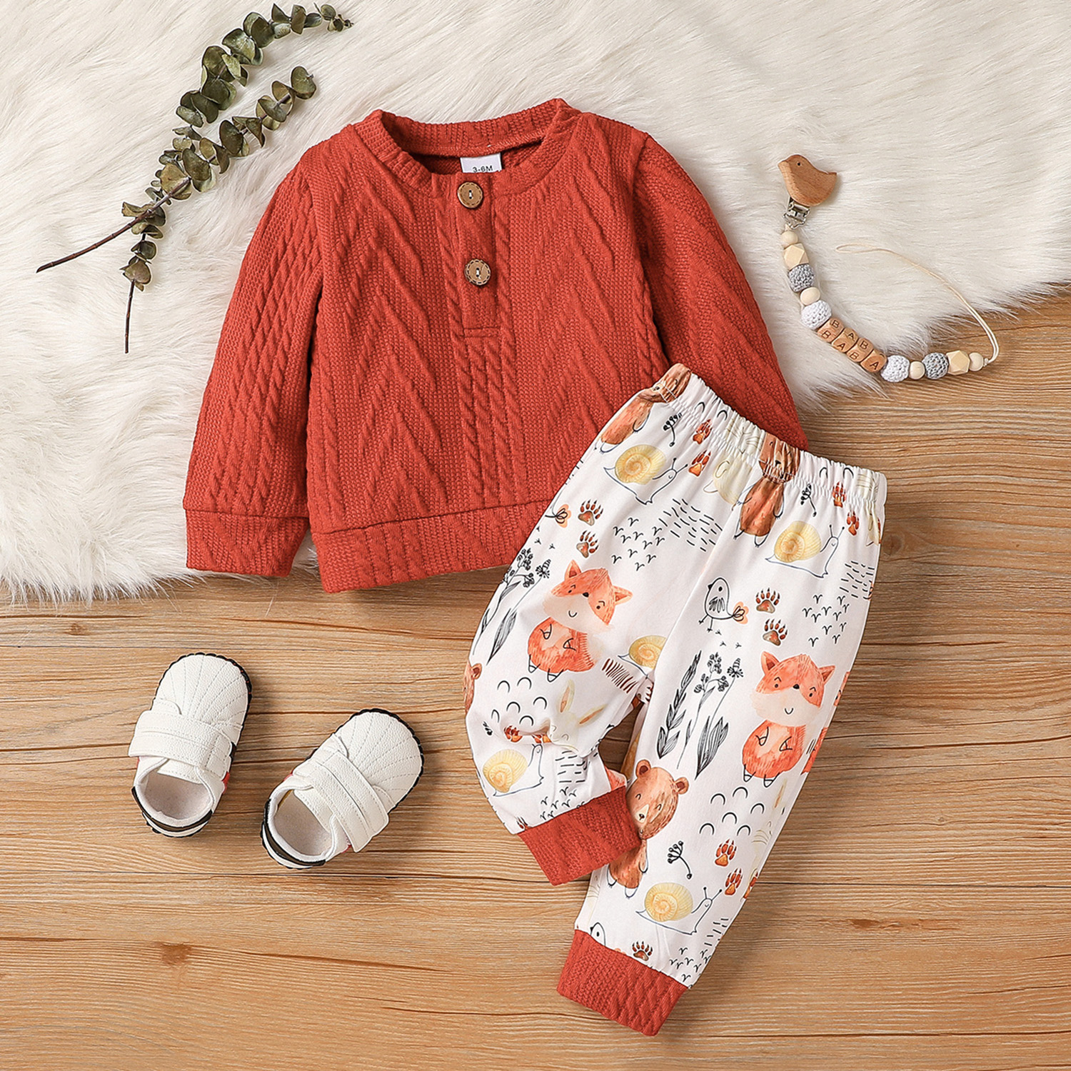 

2pcs Baby Boy/Girl Cable Knit Long-sleeve Top and Allover Cartoon Animal Print Pants Set