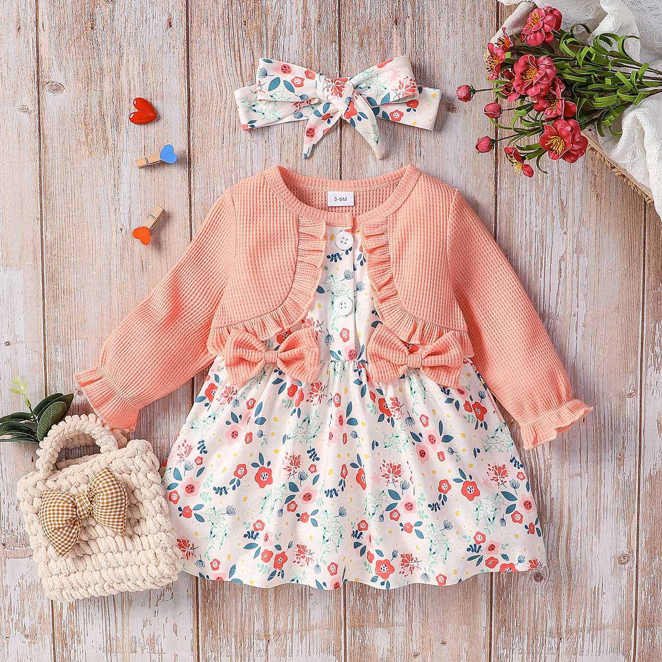 

2pcs Baby Girl Faux-two Long-sleeve Rib Knit Bow Front Spliced Floral Print Dress with Headband Set