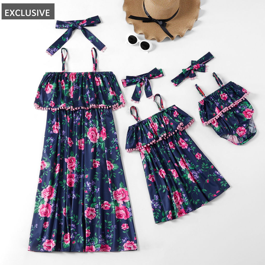 

Mosaic Summer New Mommy and Me Floral Tassel Tank Dresses Romper for Mom-Girl-Baby
