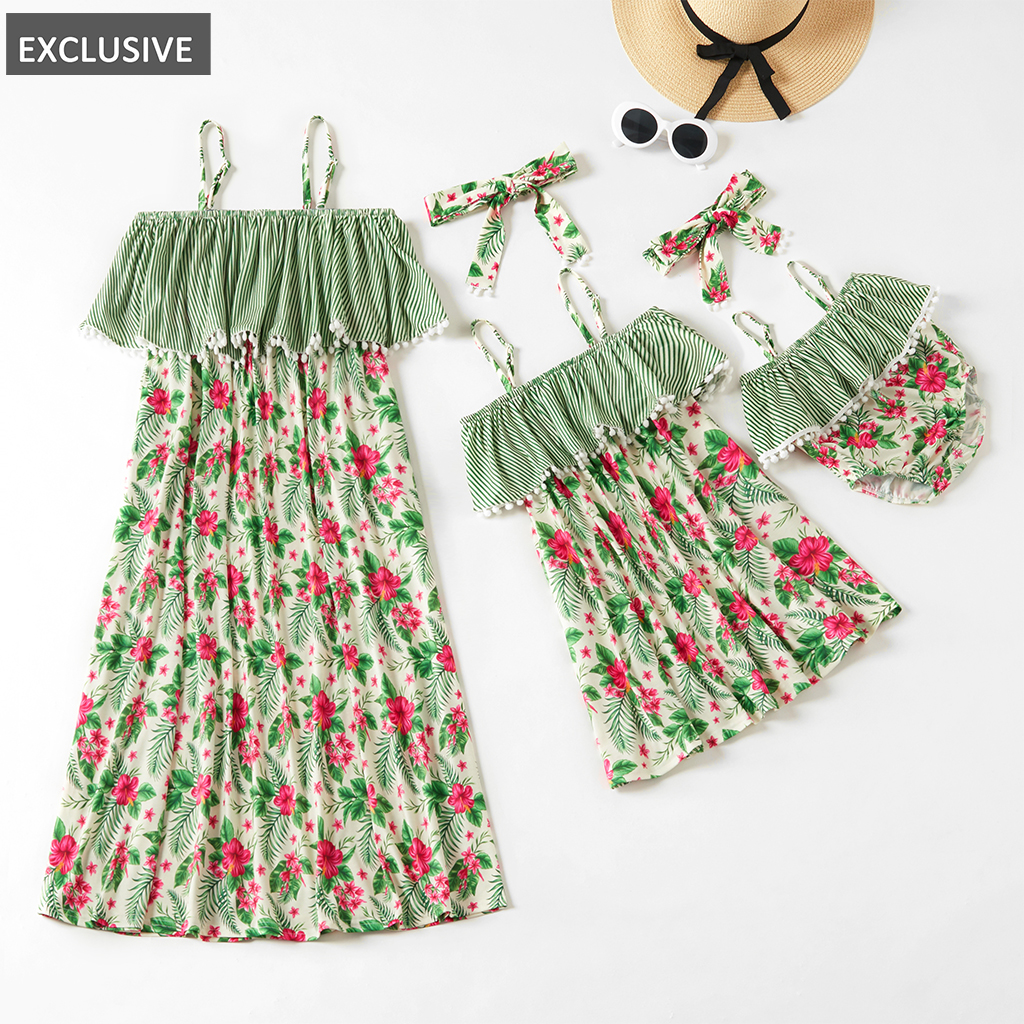 

Mosaic Flounce Off Shoulder Tassel Tank Dresses Rompers For Mommy and Me