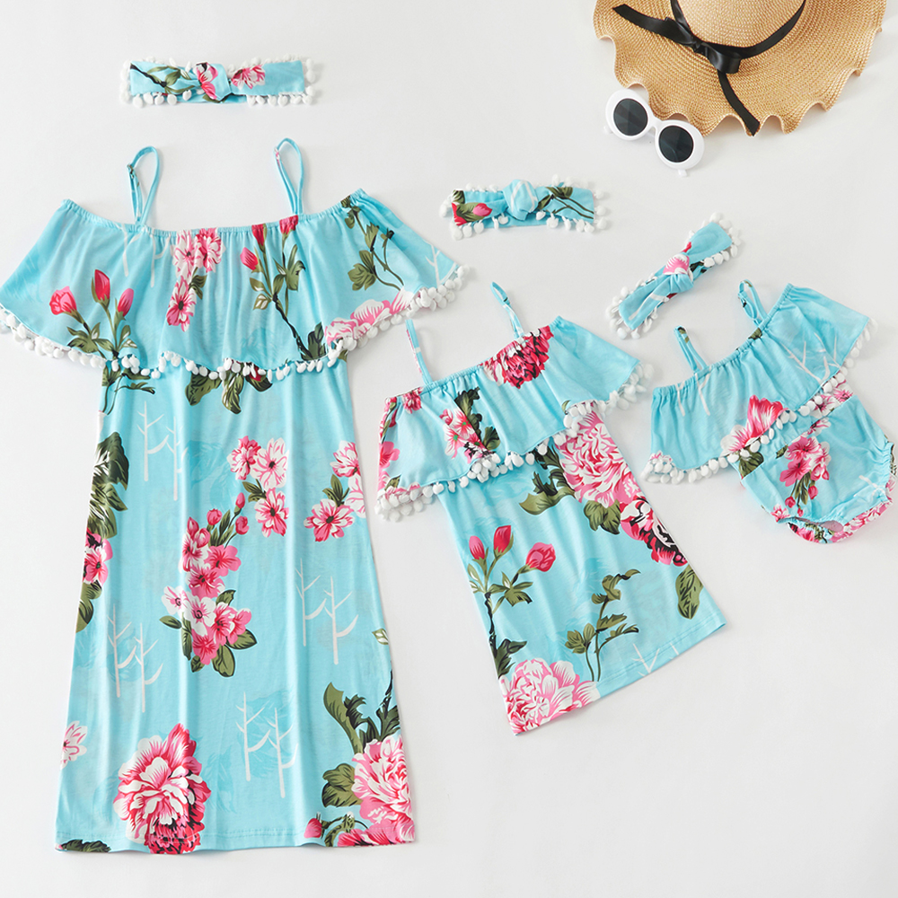 

Printed Off-shoulder Matching Dresses