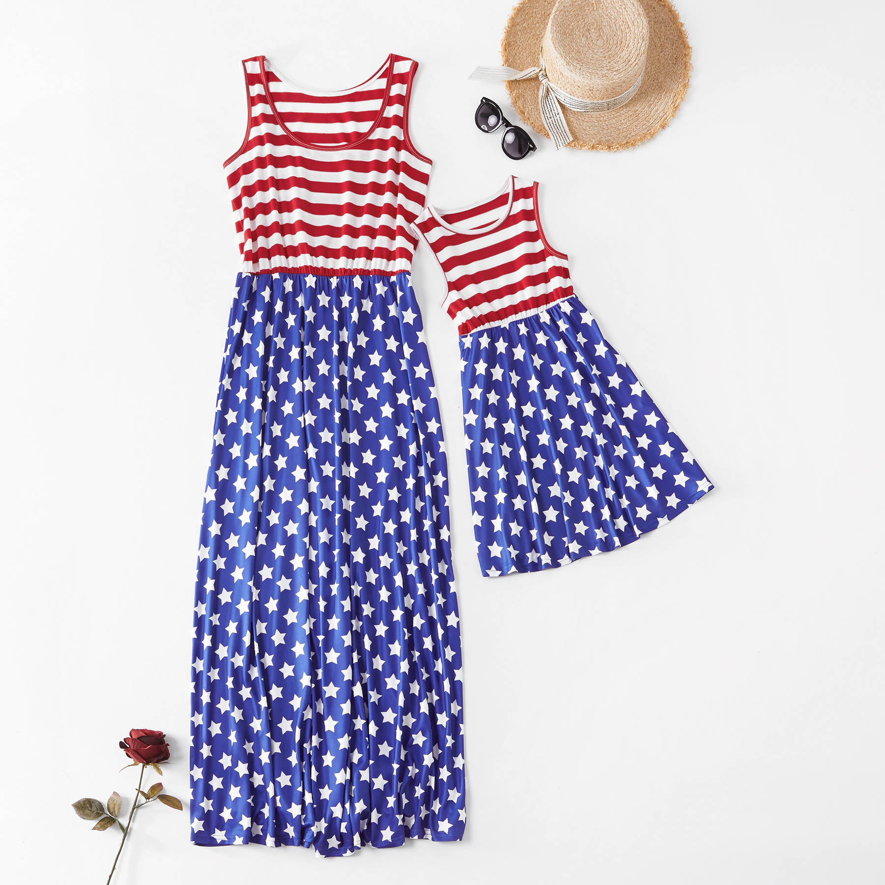 

Striped Stitching Star Tank Dresses for Mommy and Me
