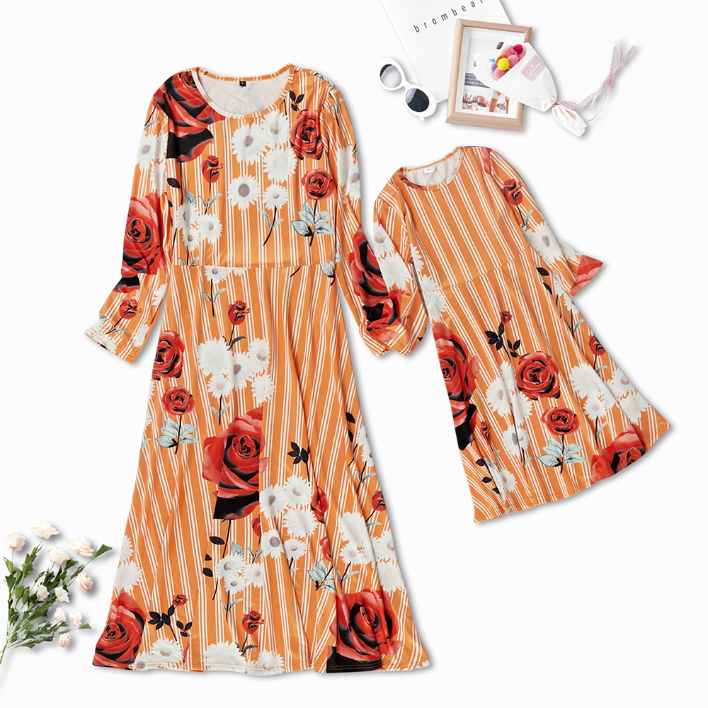 

Stripe Flower Print Long Sleeve Matching Dresses