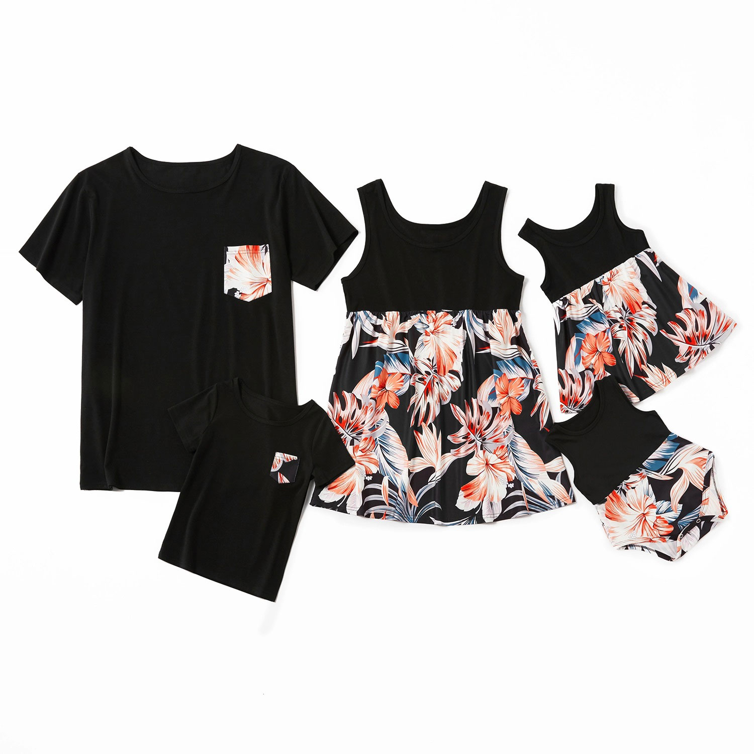 

Floral Printed Stitching Black Family Matching Tops