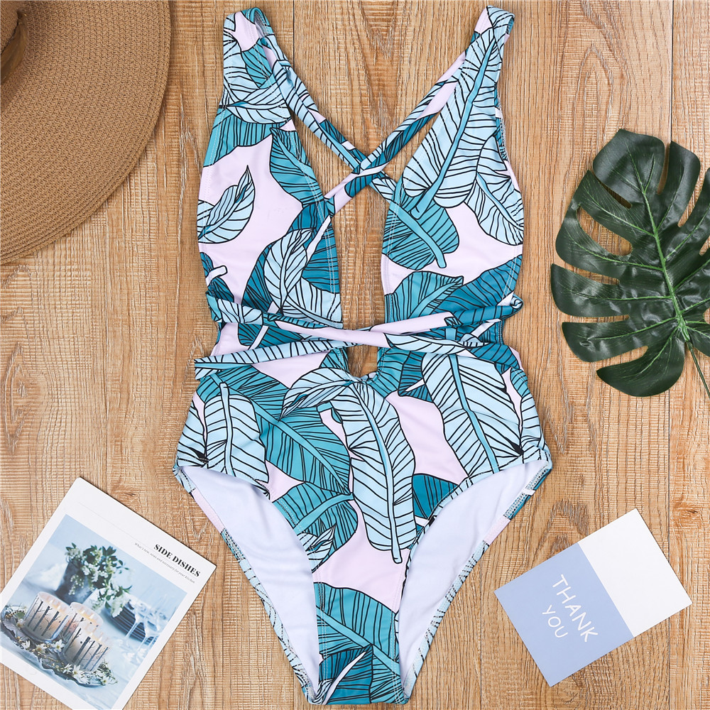 

Tie-up Tropical Plant Print Swimwear