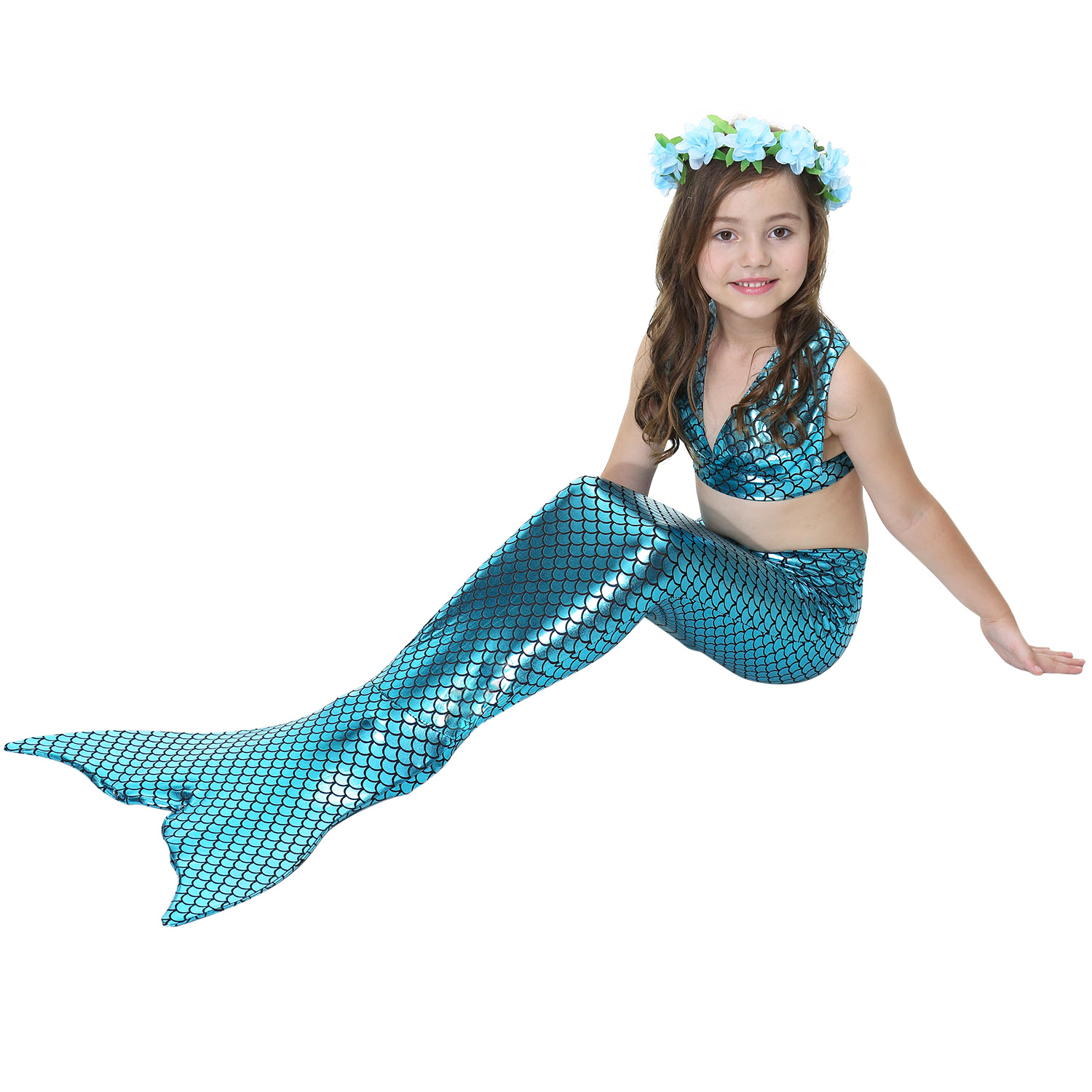 

3-piece Toddler Girl Stylish Scale Top and Mermaid Bottom with Tail Swimsuit Set