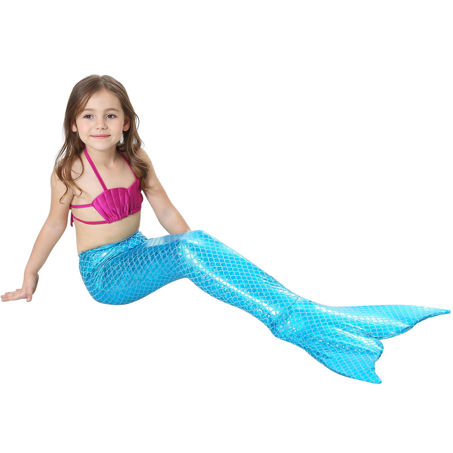 

3-piece Toddler Girl Stylish Solid Halter Top and Mermaid Bottom with Tail Swimsuit Set