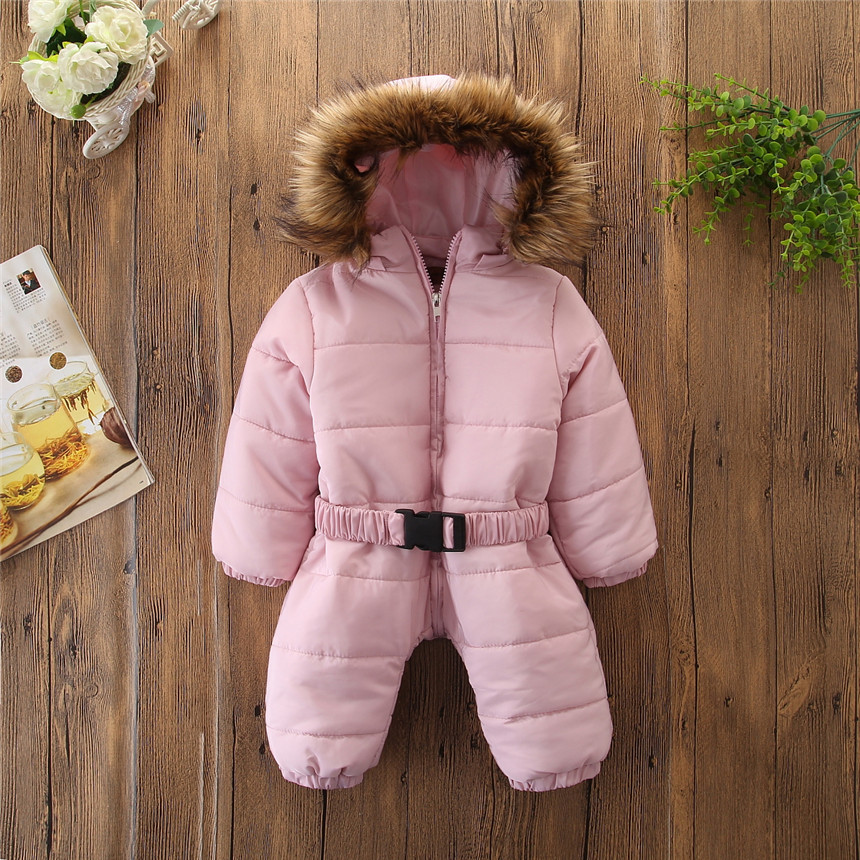

Baby Girl Fur Collar Design Solid Thermal Jumpsuit
