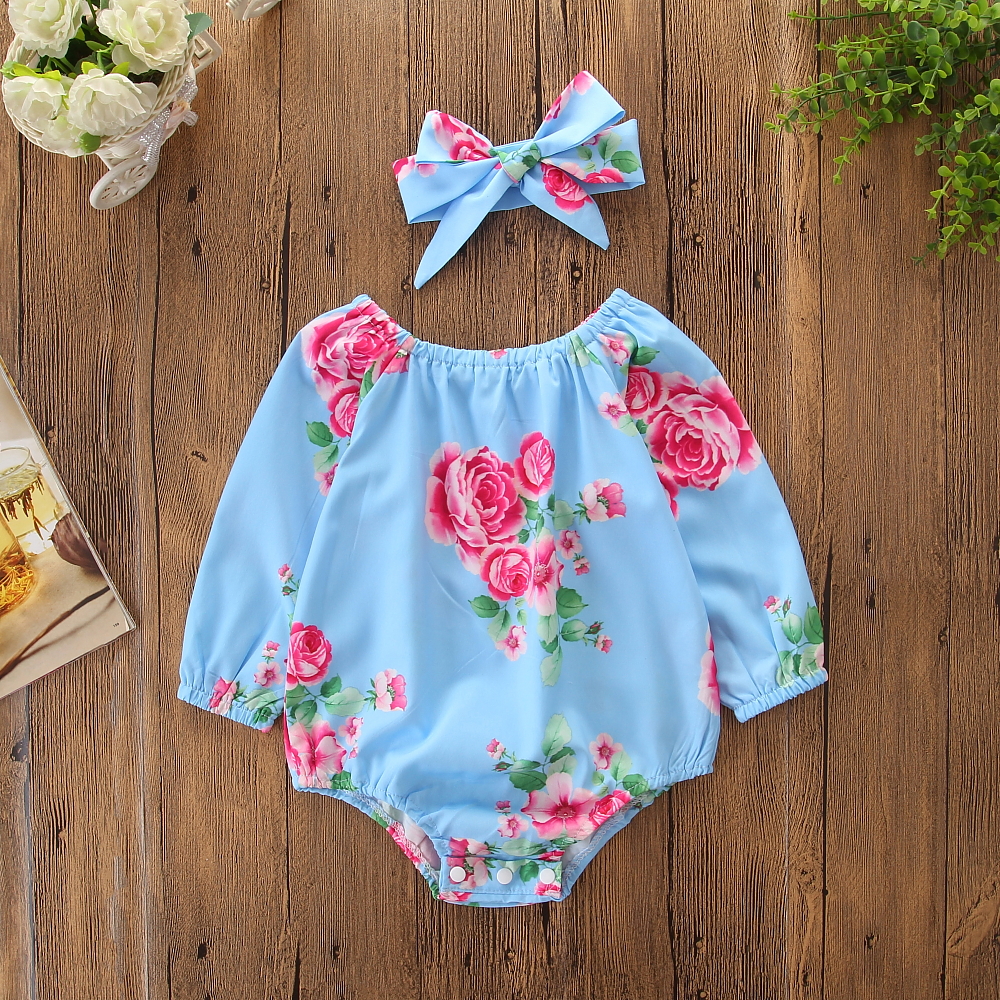 

Baby Rose Floral Long-sleeve Bodysuit and Bowknot Headband