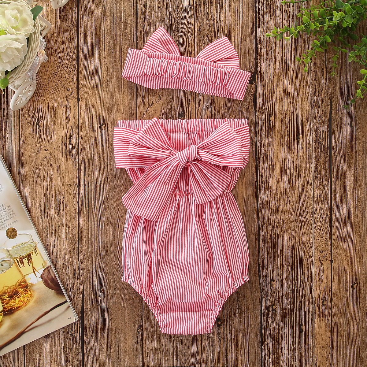

Baby Striped Off Shoulder Bodysuit and Headband