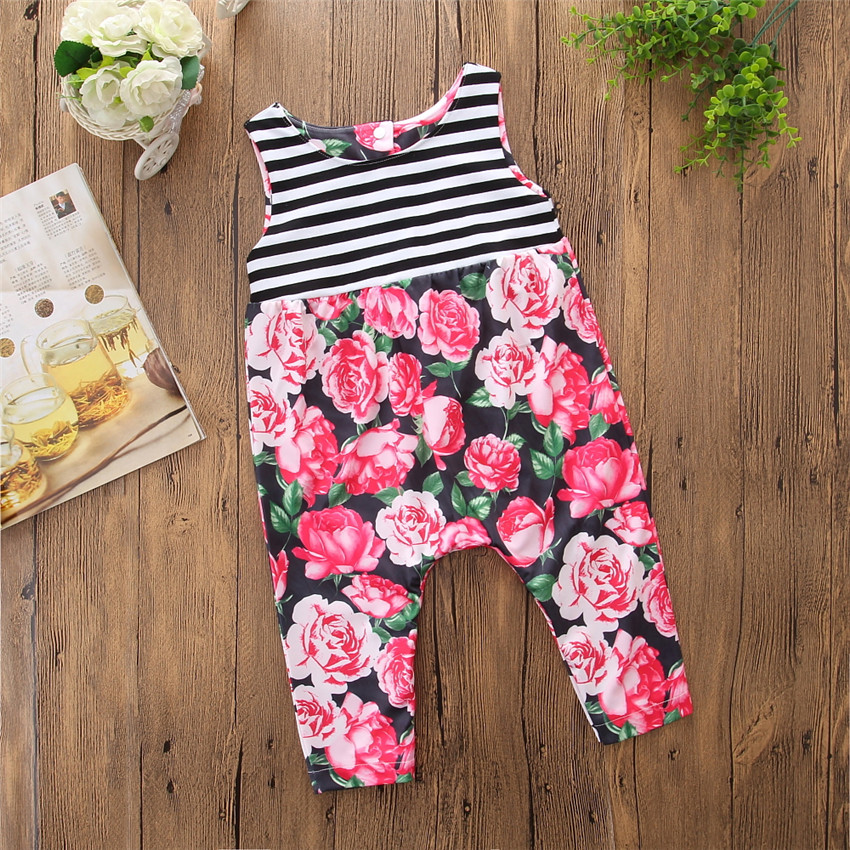 

Baby Girl Striped Rose Print Sleeveless Jumpsuit