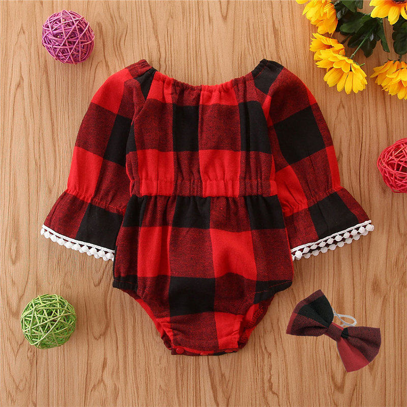 

Baby Girl Plaid Style Pompom Decor Long-sleeve Romper and Headband