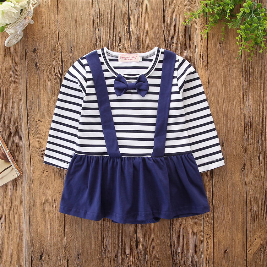 

Baby Girl Faux-two Stripe Bowknot Decor Long-sleeve Romper