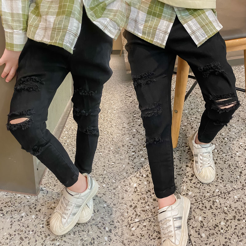 

Kid Boy Casual Elastic Black Skinny Ripped Denim Jeans