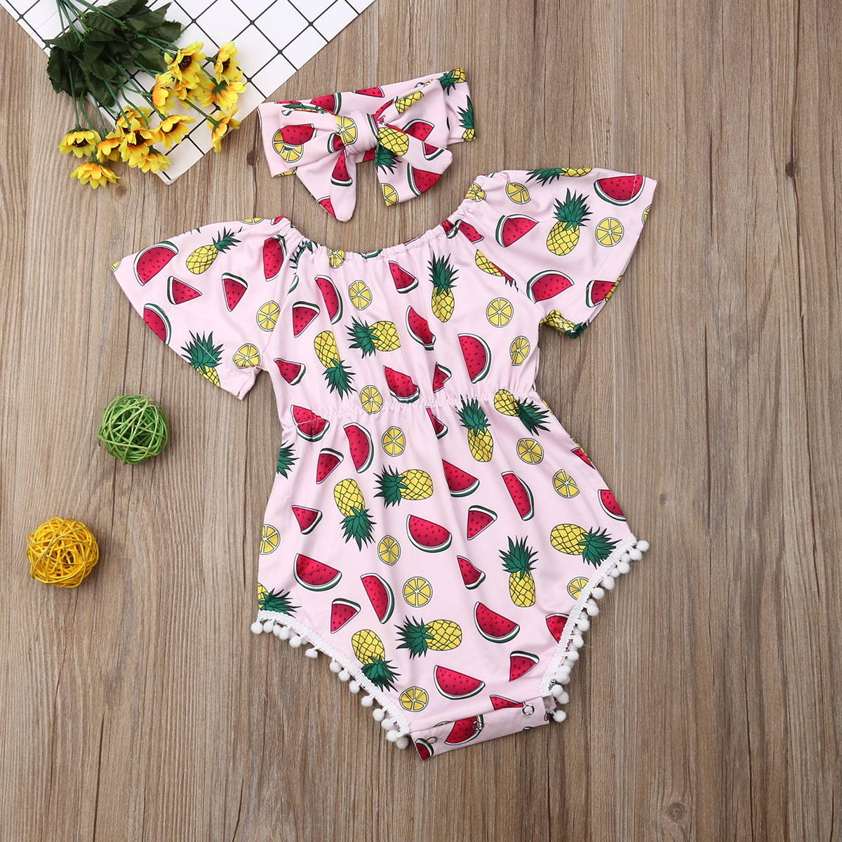 

Baby Fruit Print Pompom Bodysuit and Headband