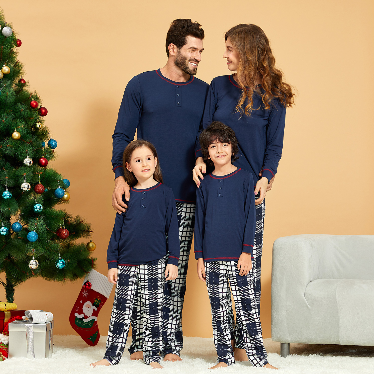 

Christmas Solid Dark Blue and Plaid Pants Family Matching Pajamas Set