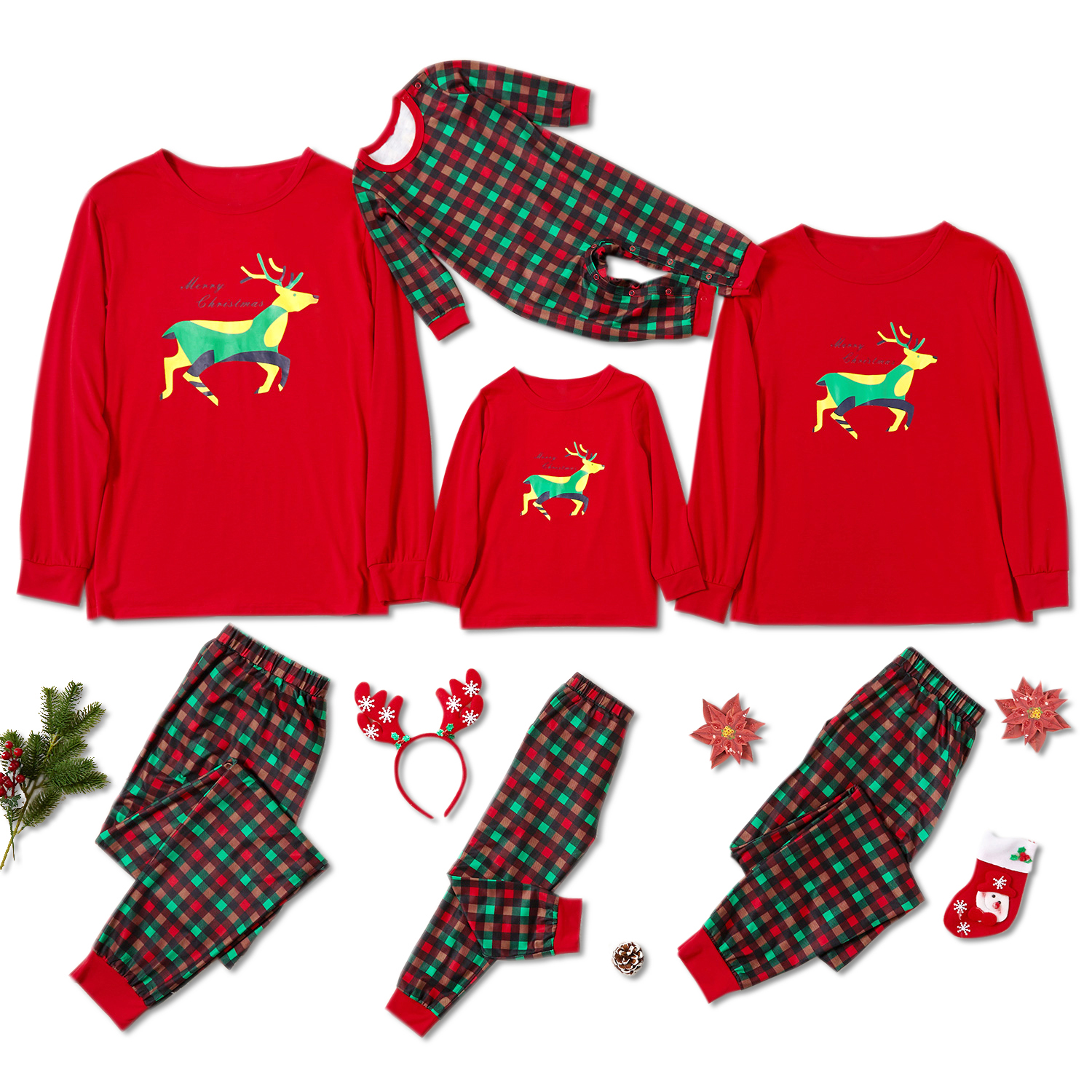 

Christmas Deer Print Top and Plaid Pants Family Matching Pajamas Set