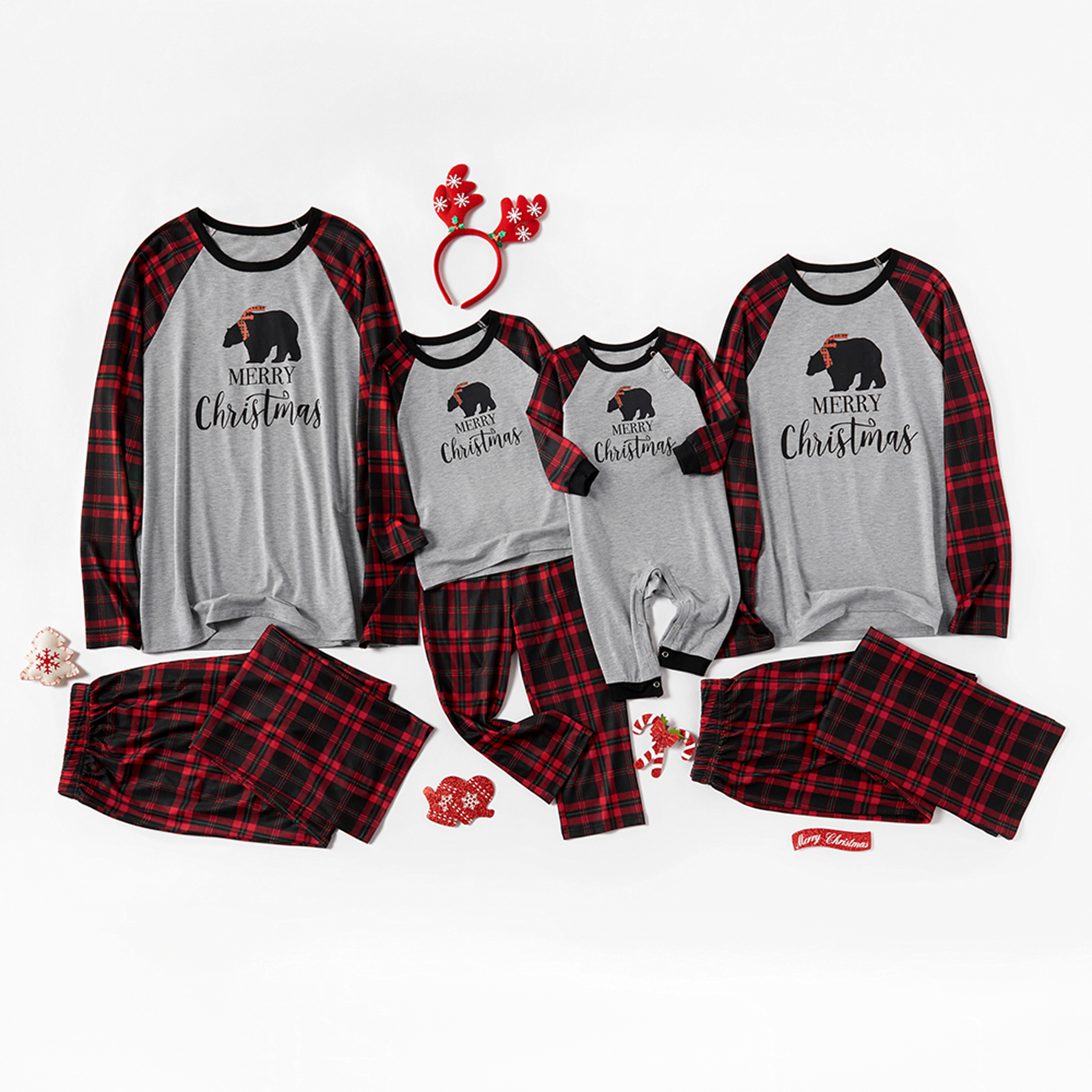 

Merry Christmas Bear Print Plaid Family Matching Pajamas Set