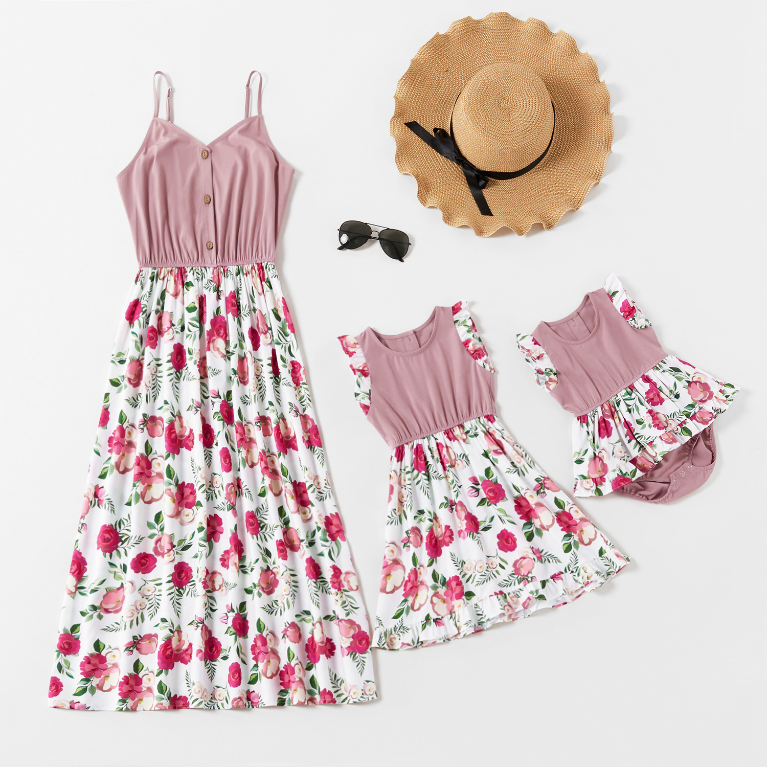 

Mommy and Me New Floral Stitching Solid Tank Dresses