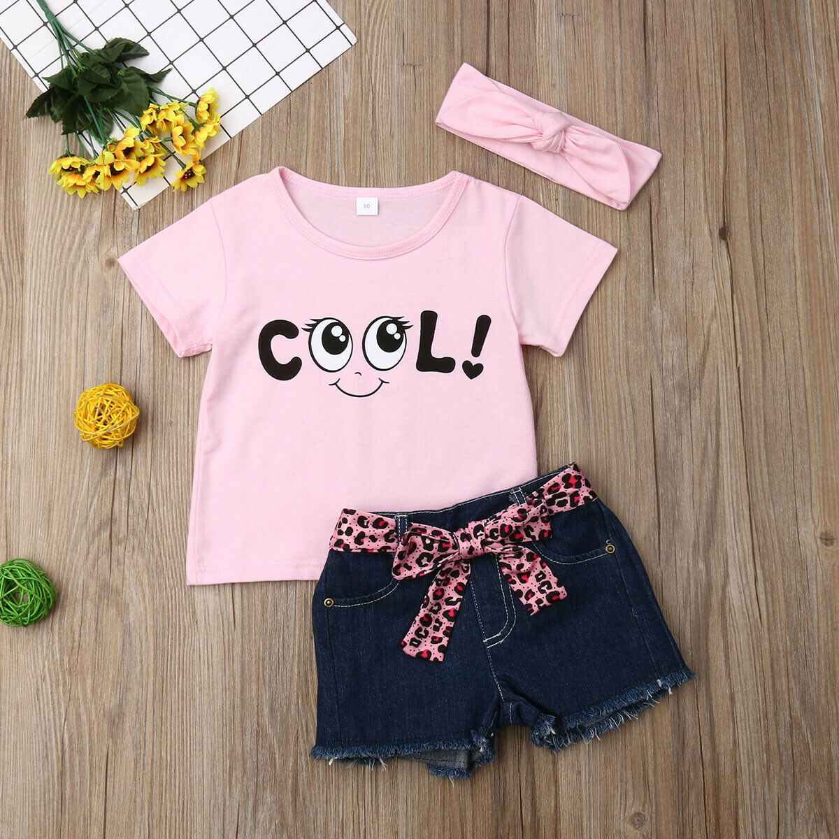 

3-piece Toddler Eyes COOL Print Tee and Leopard Belted Denim Shorts with Headband Set