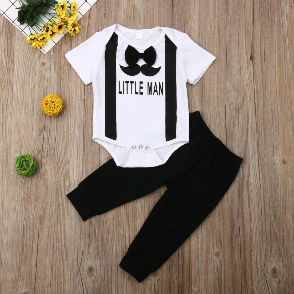 

Baby Boy LITTLE MAN Print Bow Decor Bodysuit and Solid Pants Set