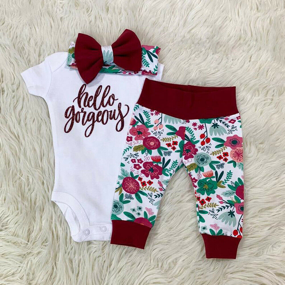 

3-piece Baby Letter Print Bodysuit and Floral Pants with Headband Set