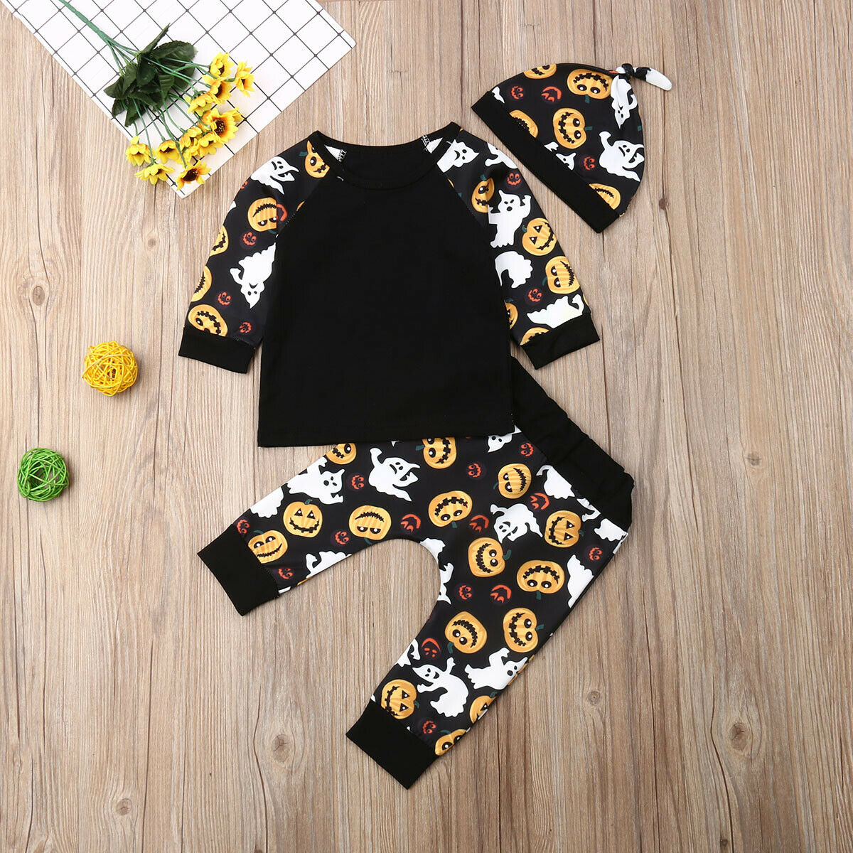 

3-piece Baby / Toddler Halloween Pumpkin Print Long-sleeve Top and Pants with Hat Set