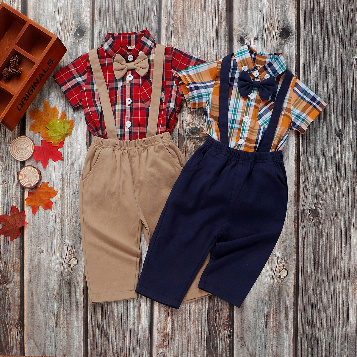 

Baby Boy Plaid Bowknot Short-sleeve Shirt and Solid Overalls Set