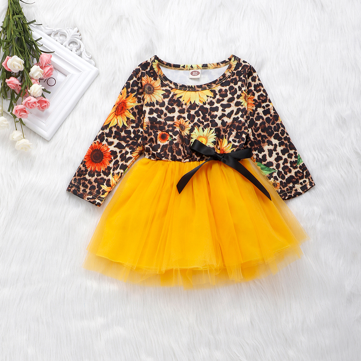 

Baby Girl Sweet Sunflower Leopard Print Long-sleeve Tulle Dress