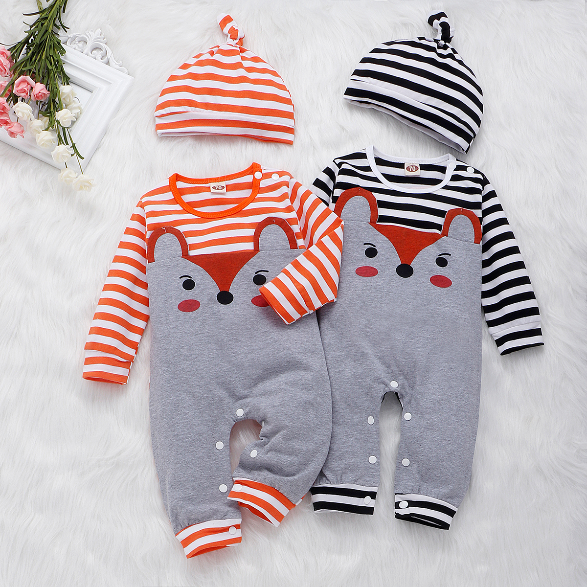 

Baby Boy / Girl Stripe 3D Ears Design Long-sleeve Jumpsuit and Hat