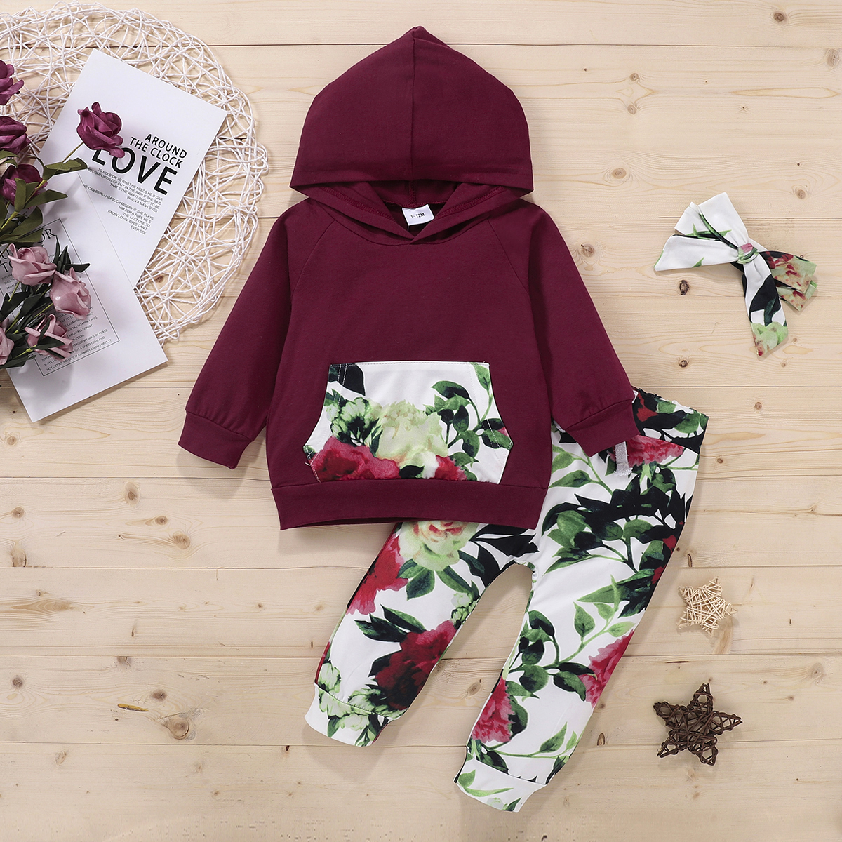 

Baby / Toddler Floral Pocket Solid Long-sleeve Hoodie and Bow Pants Set