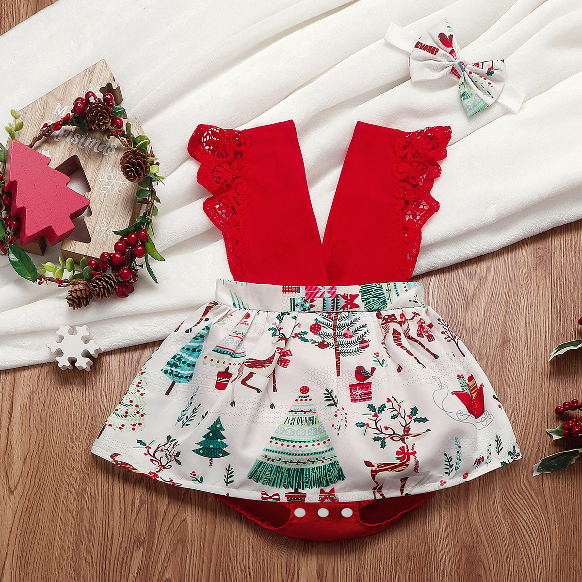 

2pcs Christmas Style Print Sleeveless Red Baby Set