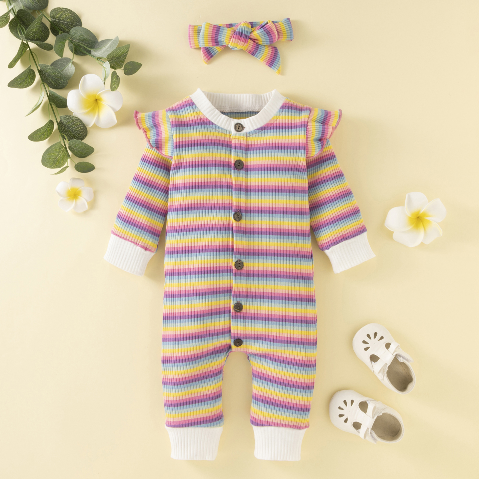 

2pcs Baby Rainbow Striped Ruffle Long-sleeve Cotton Ribbed Jumpsuit Set
