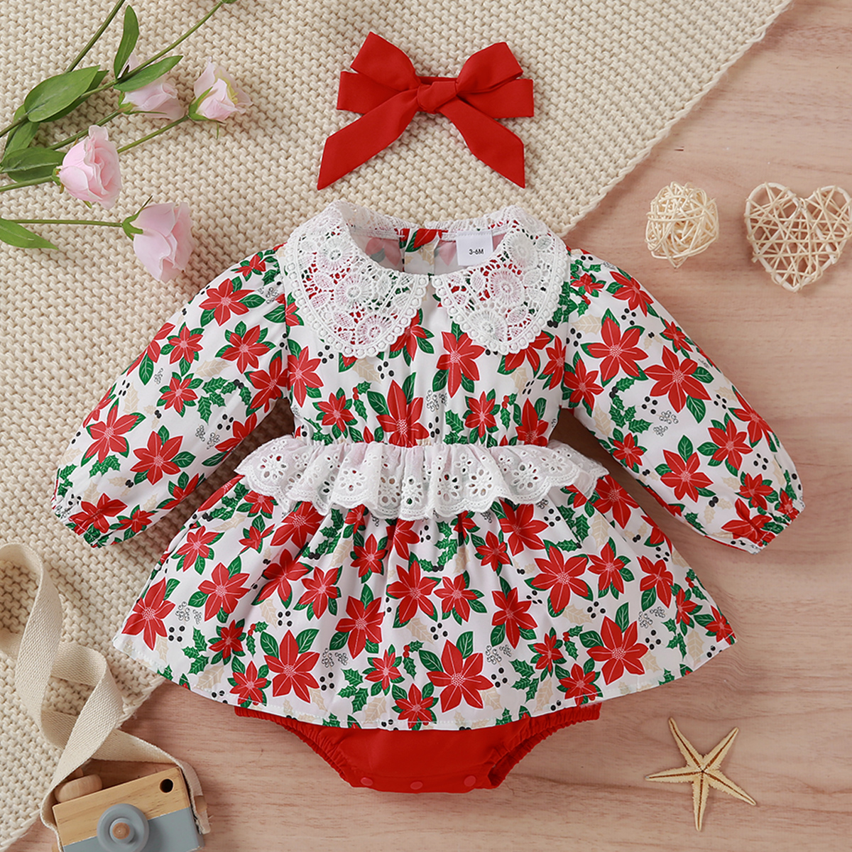 

2-piece Baby Girl Lace Doll Collar Floral Print Long-sleeve Romper and Headband Set