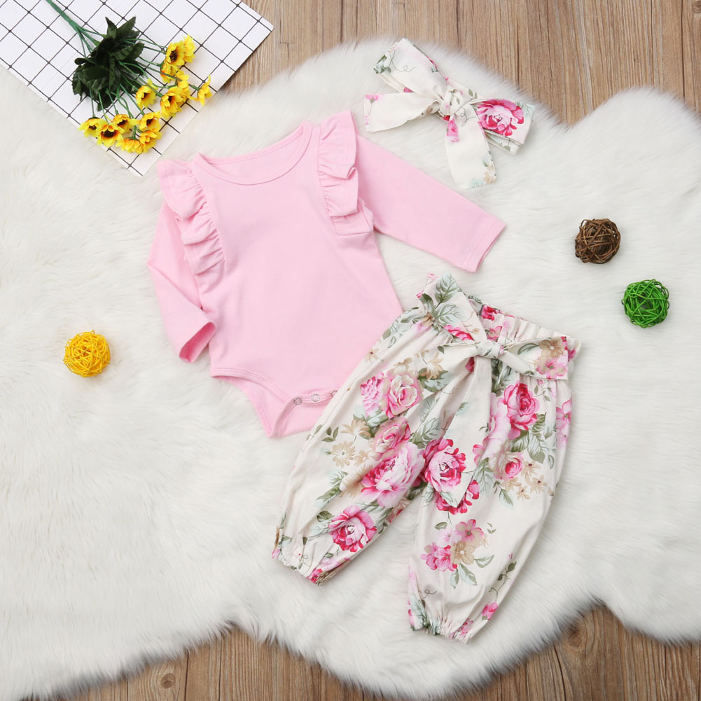 

3-piece Baby Ruffled Long-sleeve Romper and Floral Pants with Headband Set