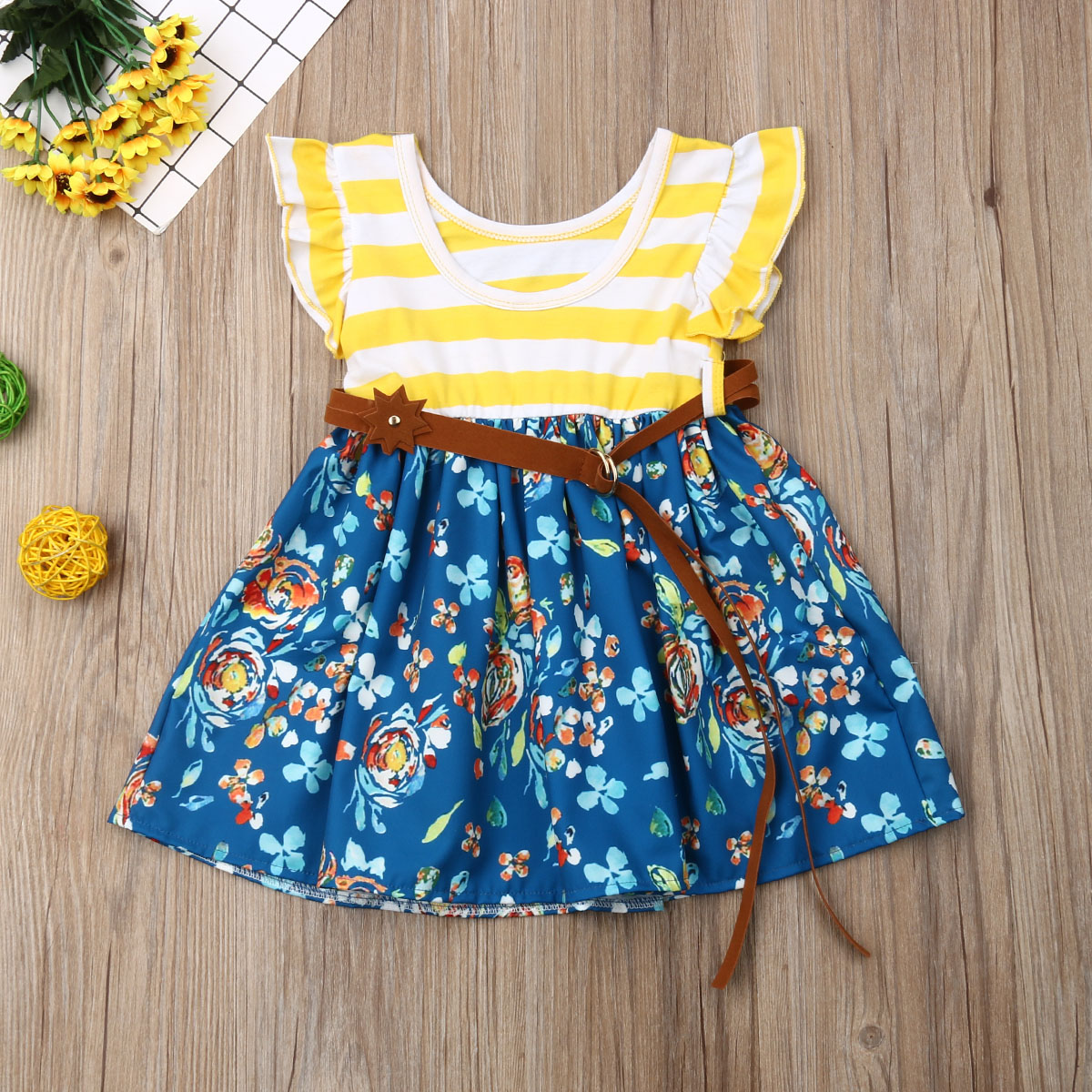 

Toddler Girl Floral Print Flutter-sleeve Striped Belted Dress