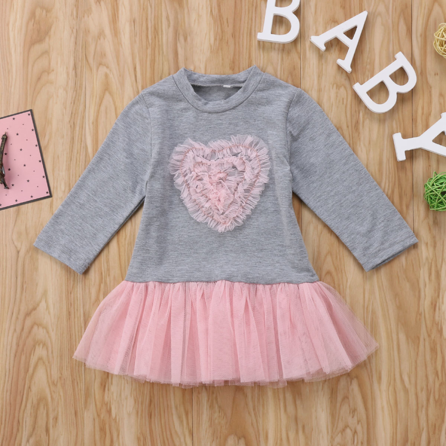 

Baby / Toddler Girl Heart Lace Splice Mesh Long-sleeve Dress