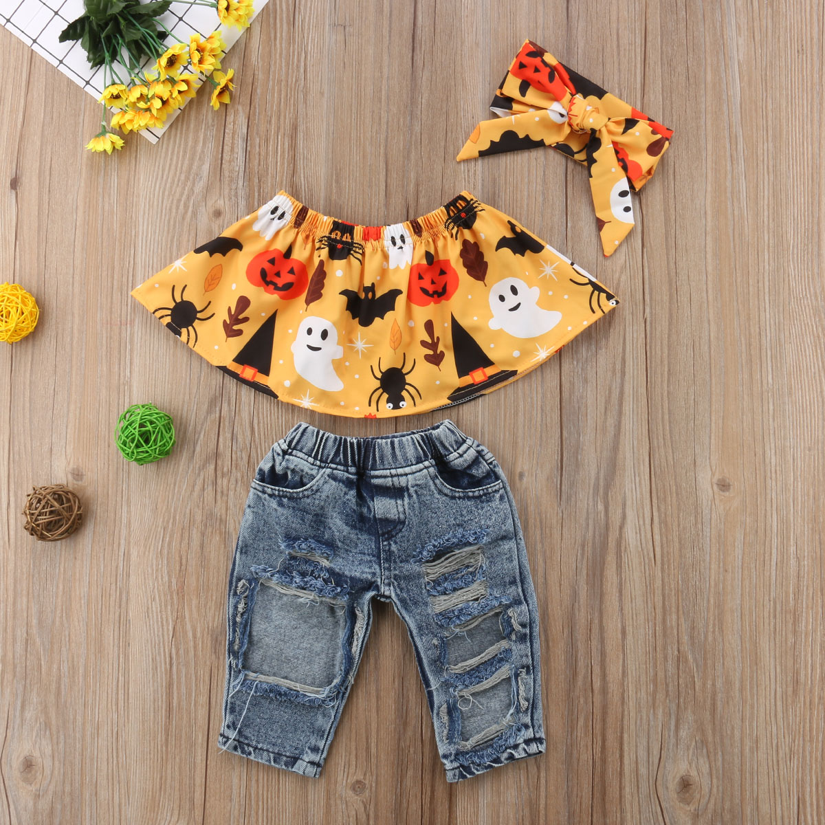 

3-piece Baby / Toddler Halloween Pumpkin Print Off Shoulder Top and Jeans with Headband Set