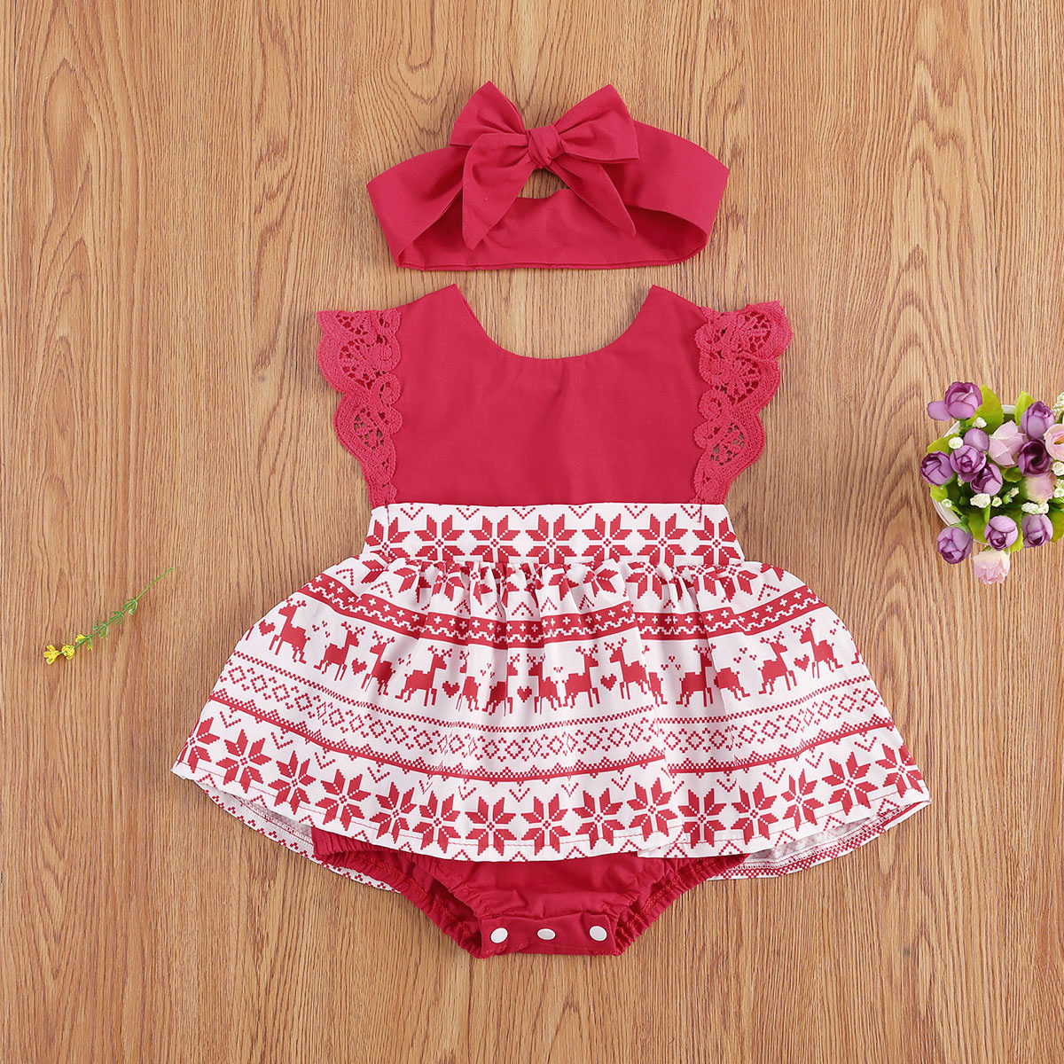 

2-piece Baby Christmas Lace Dress Romper and Headband Set