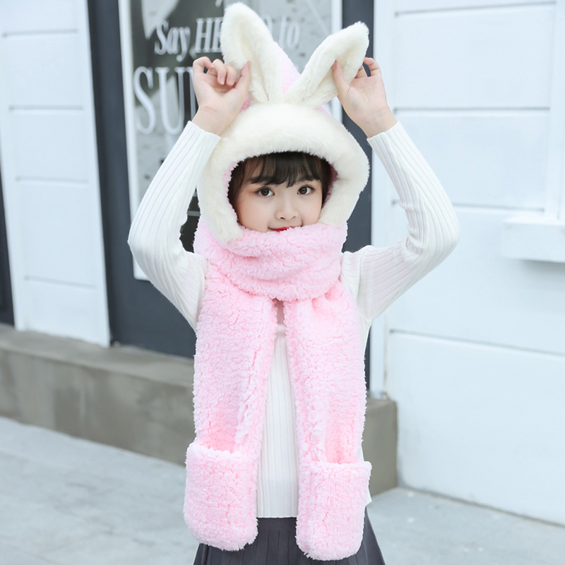 

Kid Girl Rabbit Decor Fleece Hat with Scarf and Gloves