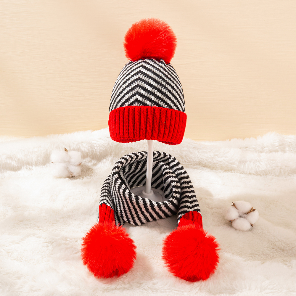 

2-piece Baby Pompon Striped Hat and Scarf Set