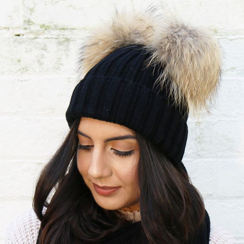 

Fashion Women Two Faux Fur Pompom Thickened Winter Hat Cap