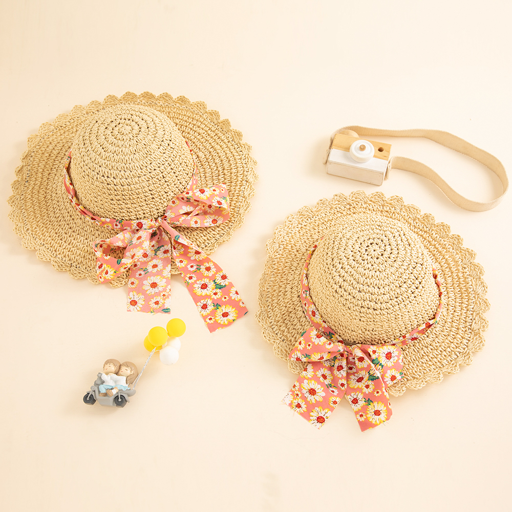 

Floral Print Bowknot Decor Beach Straw Hats for Mommy and Me